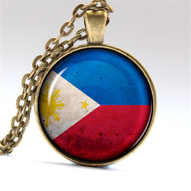 Vintage Handmade Philippine Flag in Glass Dome Pendant and Bronze Chain